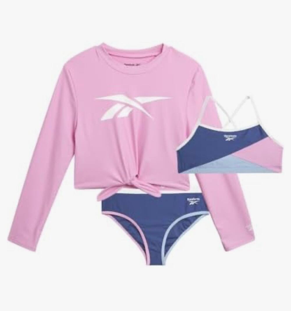 Reebok Girls' Rash Guard Set - 3 Piece UPF 50+ Long Sleeve Swim XL size 12 (New)